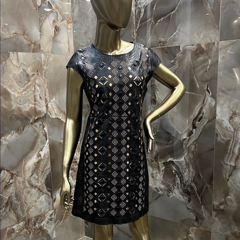 Catherine Malandrino Black Lace Lather Patterned Midi Dress